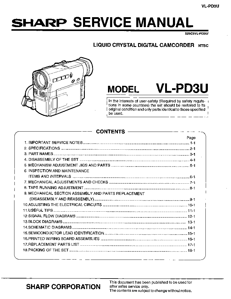 SHARP VL-PD3 SM service manual (1st page)