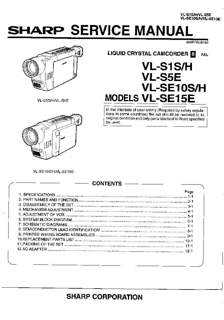 SHARP VL-S1 VL-S5 VL-SE10 VL-SE15 SM service manual (1st page)