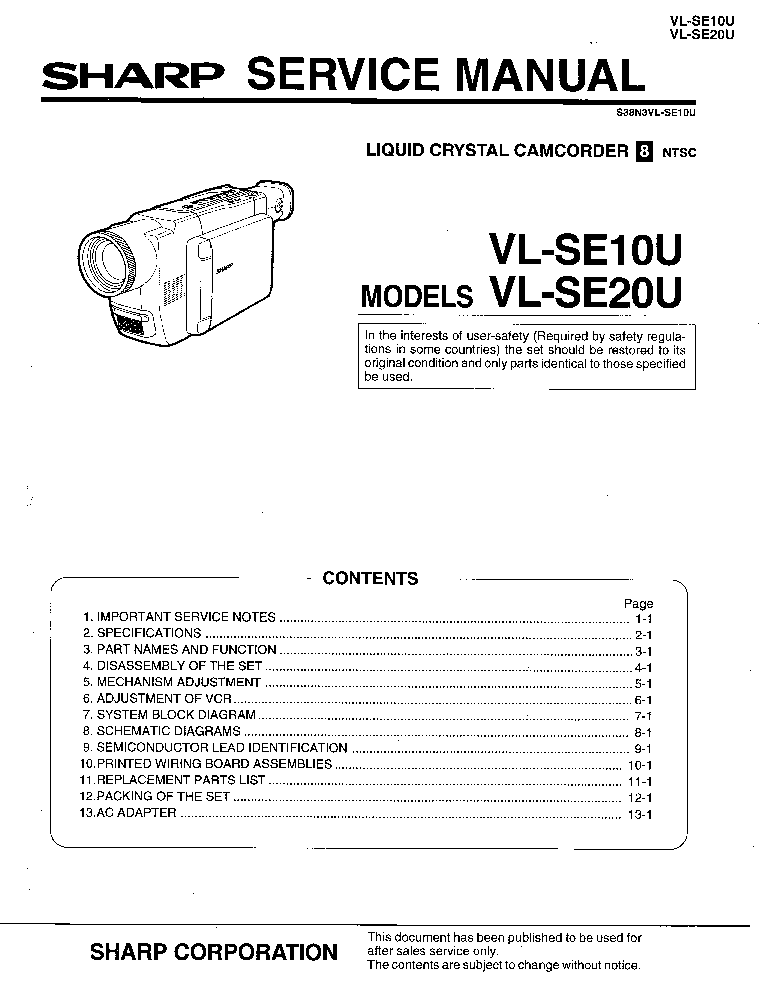 SHARP VL-SE10 VL-SE20 SM service manual (1st page)