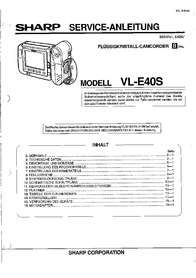 SHARP VLE40S SM DE service manual (1st page)