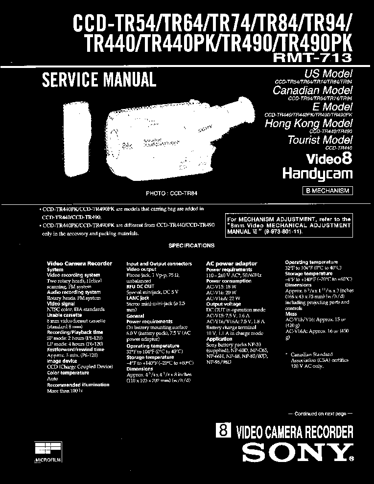 SONY CCD-TR54 TR64 TR84 TR94 TR440PK TR490PK service manual (2nd page)
