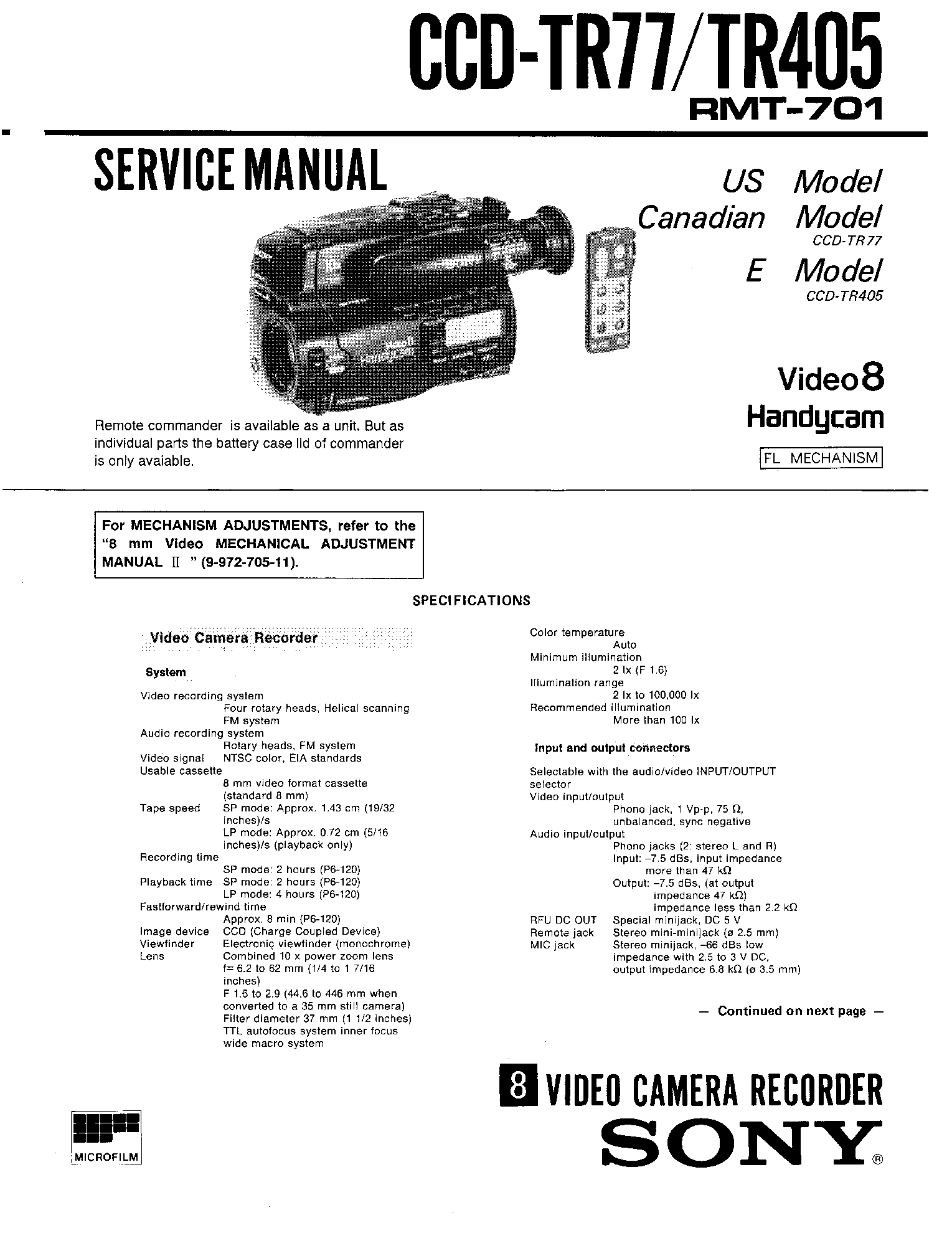 SONY CCD-TR77 TR405 service manual