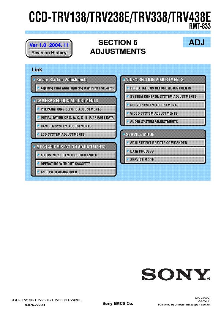 SONY CCD-TRV138 TRV238 TRV338 TRV438 ADJUSTMENT VER1.0 service manual