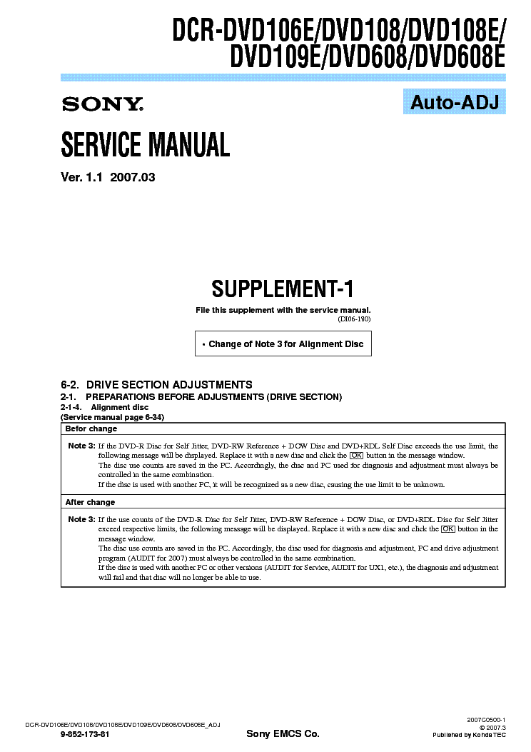 SONY DCR-DVD106 DVD108 DVD109 DVD608 ADJUSTMENT SUPP VER1.1 service manual