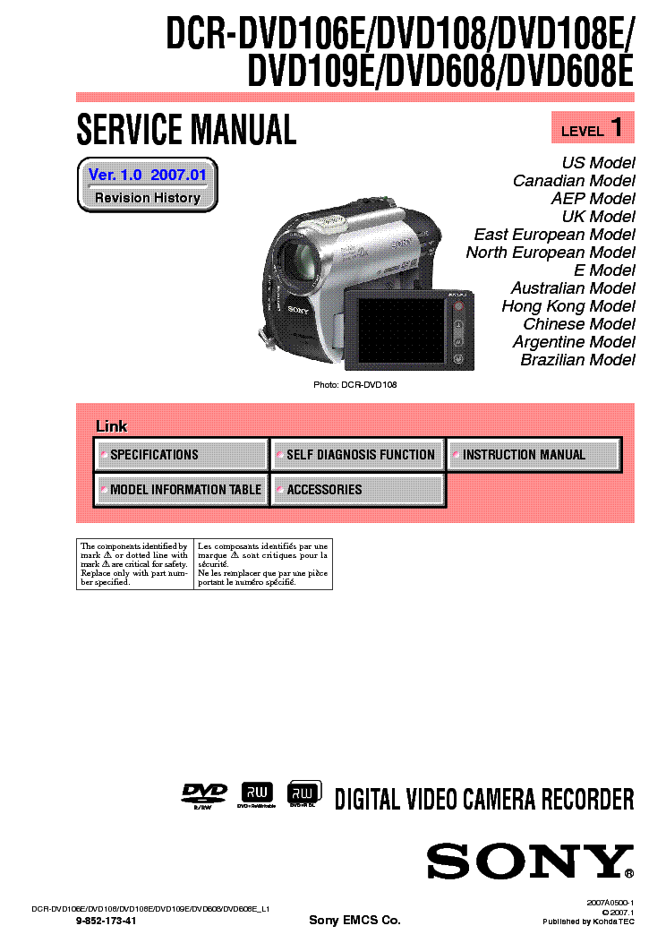 SONY DCR-DVD106 DVD108 DVD109 DVD608 LEVEL1 VER1.0 service manual