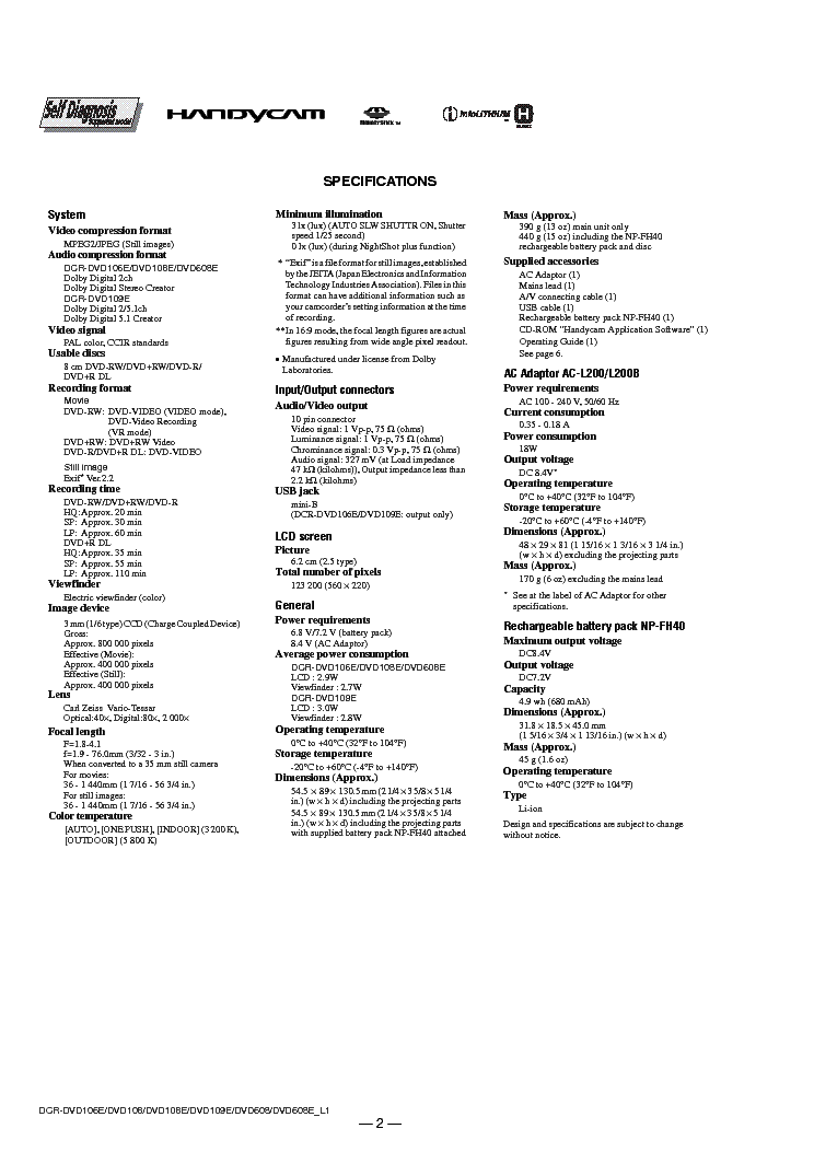 SONY DCRDVD106 DVD108 DVD109 DVD608 LEVEL1 VER1.2 Service Manual