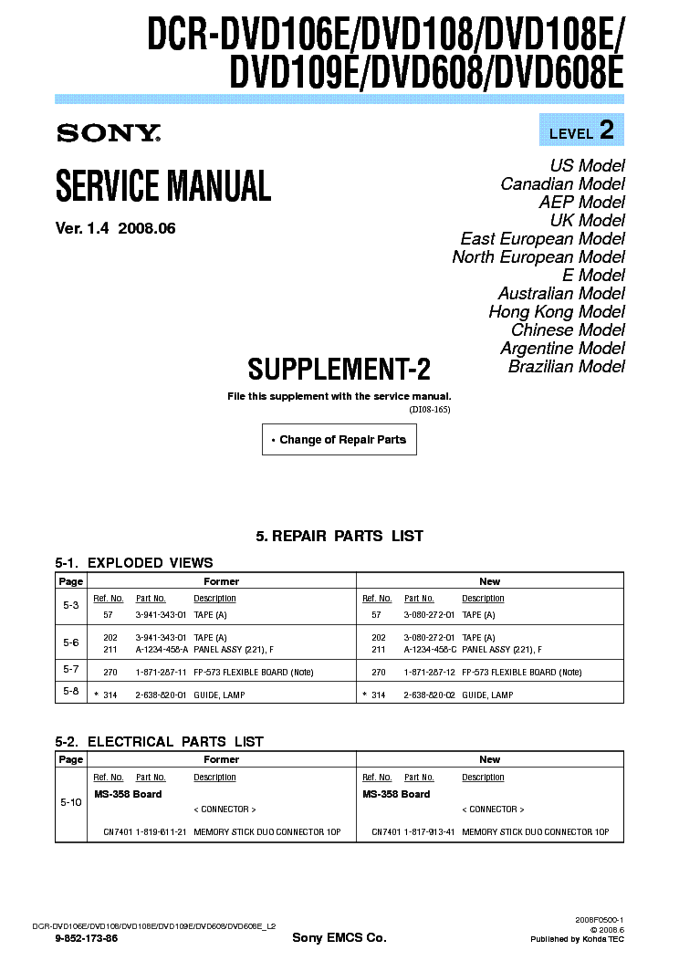 SONY DCR-DVD106 DVD108 DVD109 DVD608 SUPP LEVEL2 VER1.4 service manual
