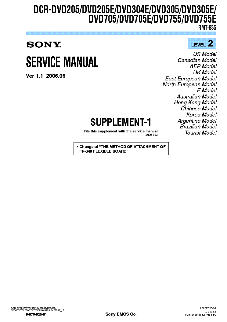 SONY DCR-DVD205 DVD304 DVD305 DVD705 DVD755 SUPP LEVEL2 VER1.1 service manual