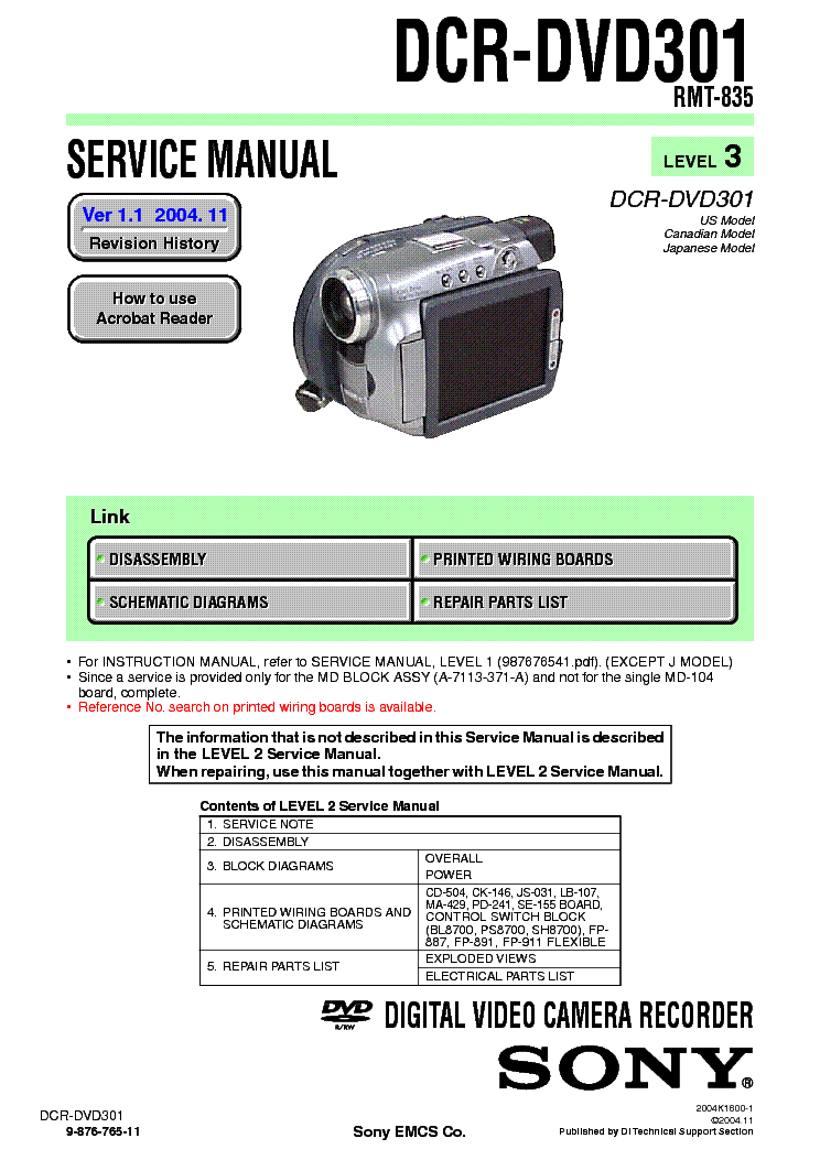 SONY DCR-DVD301 LEVEL3 VER1.1 service manual