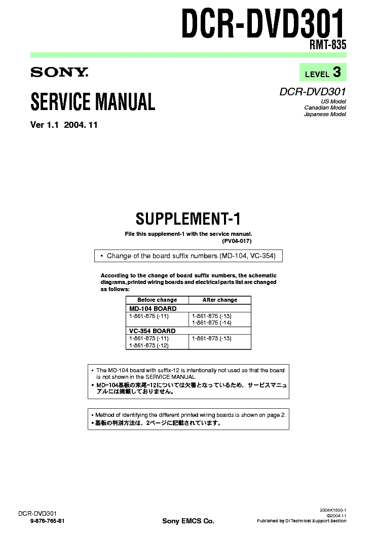 SONY DCR-DVD301 SUPP LEVEL3 VER1.1 service manual