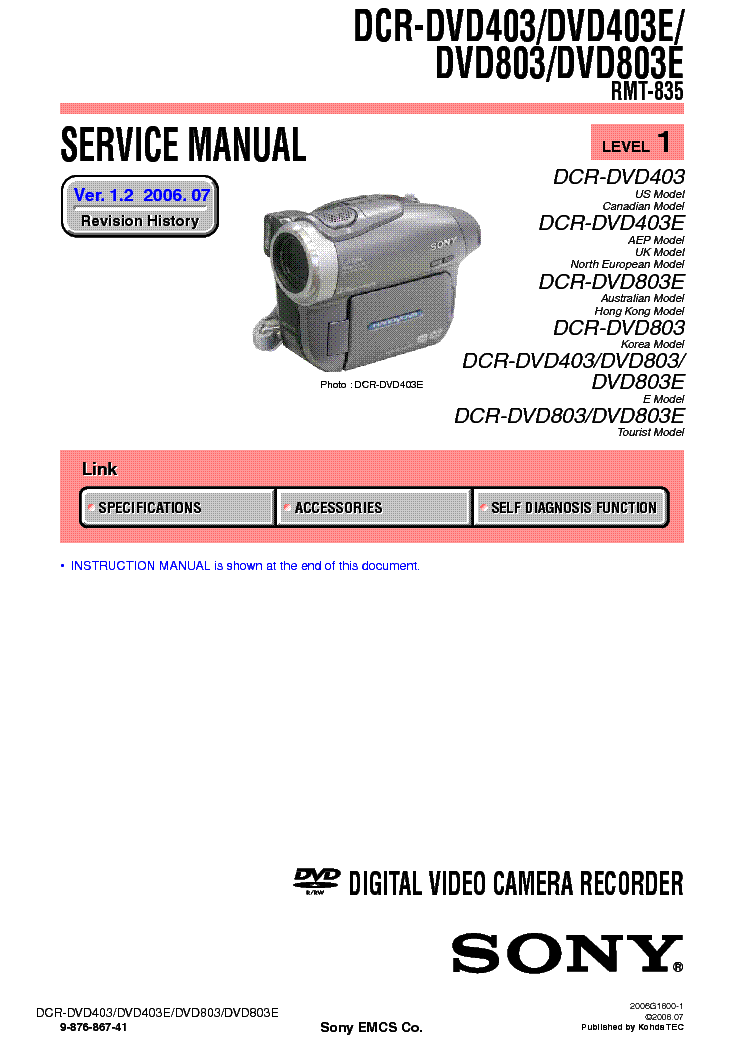 SONY DCR-DVD403 DVD803 LEVEL1 VER1.2 service manual