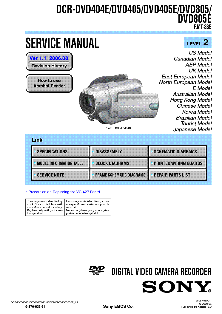 SONY DCR-DVD404 DVD405 DVD805 LEVEL2 VER1.1 service manual
