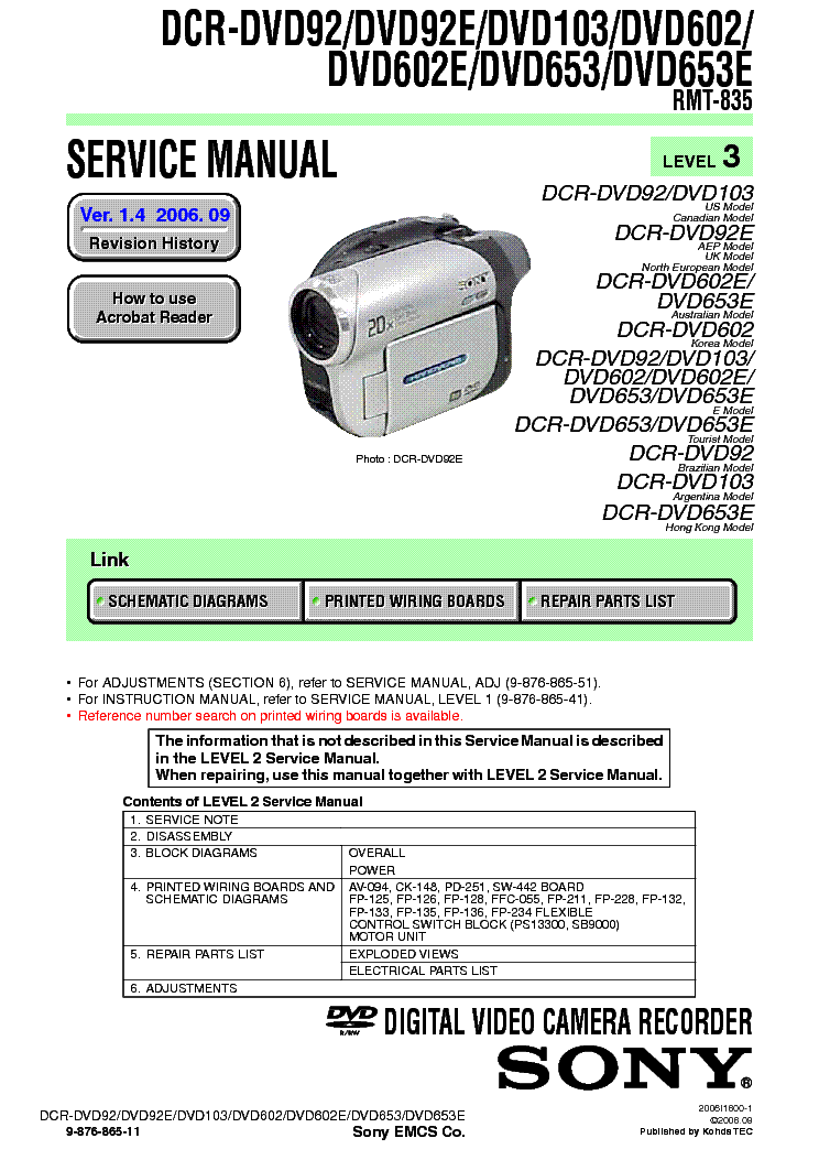 SONY DCR-DVD92 DVD103 DVD602 DVD653 LEVEL3 VER1.4 service manual