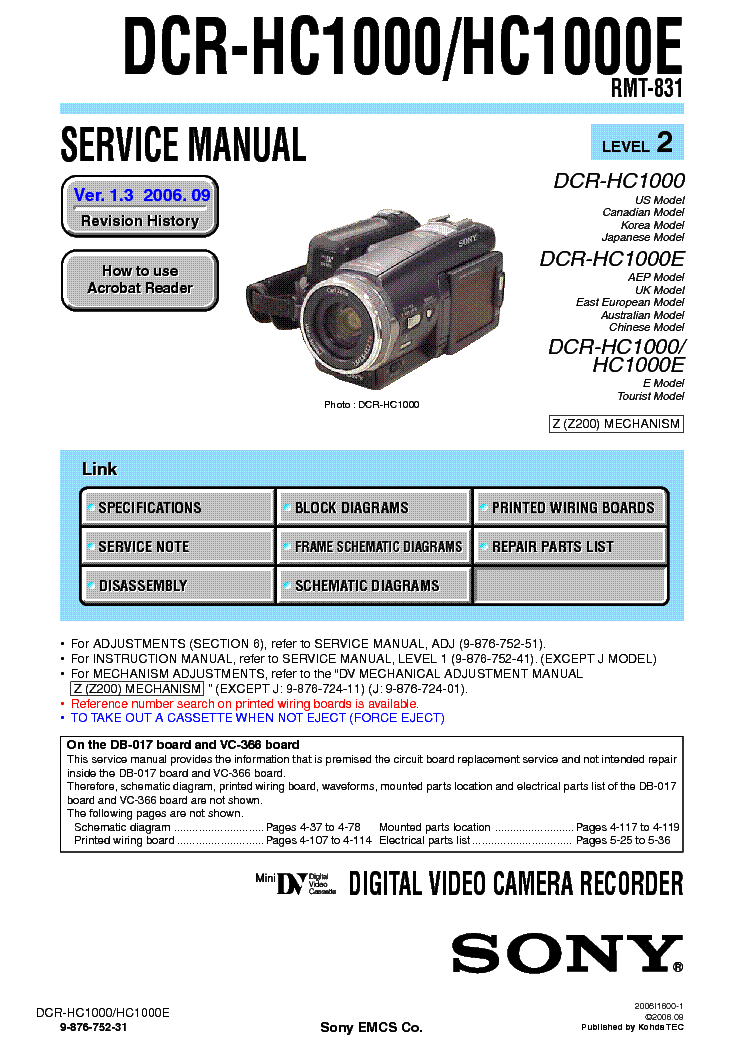 SONY DCR-HC1000 LEVEL2 VER1.3 Service Manual download, schematics