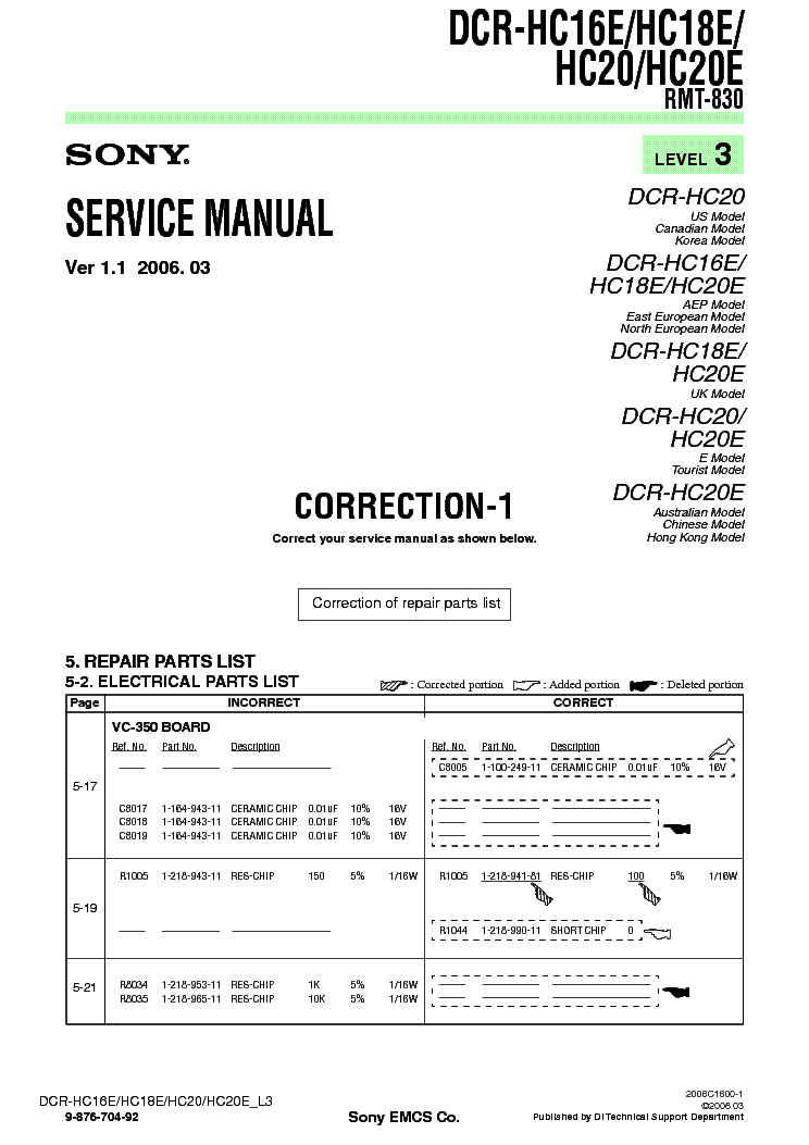 SONY DCR-HC16 HC18 HC20 CORR LEVEL3 VER1.1 service manual (1st page)