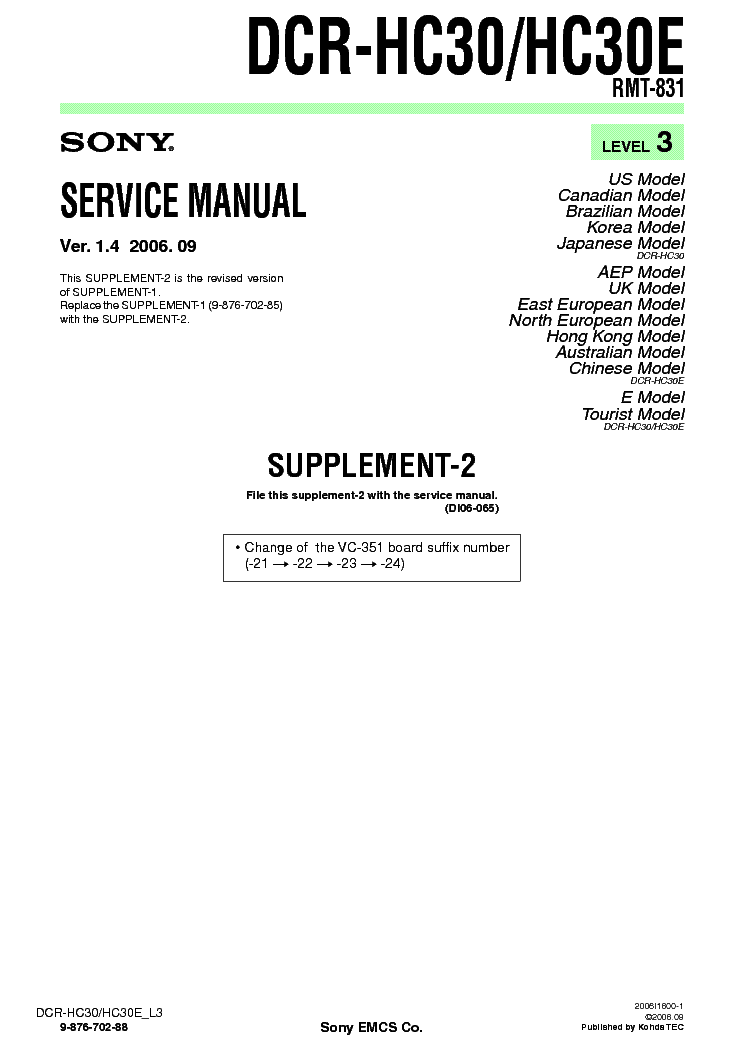 SONY DCR-HC30 SUPP LEVEL3 VER1.4 service manual