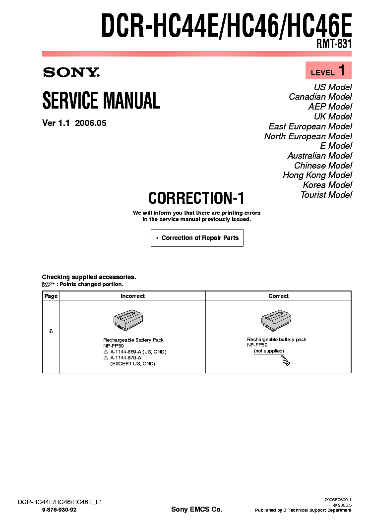 SONY DCR-HC44 HC46 CORR LEVEL1 VER1.1 service manual (1st page)