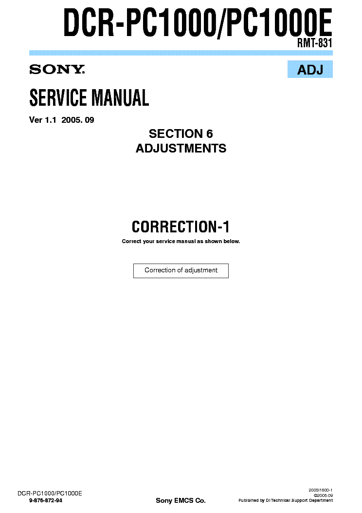 SONY DCR-PC1000 CORR ADJUSTMENT VER1.1 service manual