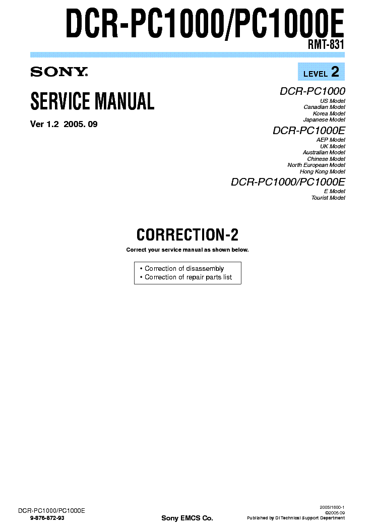 SONY DCR-PC1000 CORR LEVEL2 VER1.2 service manual