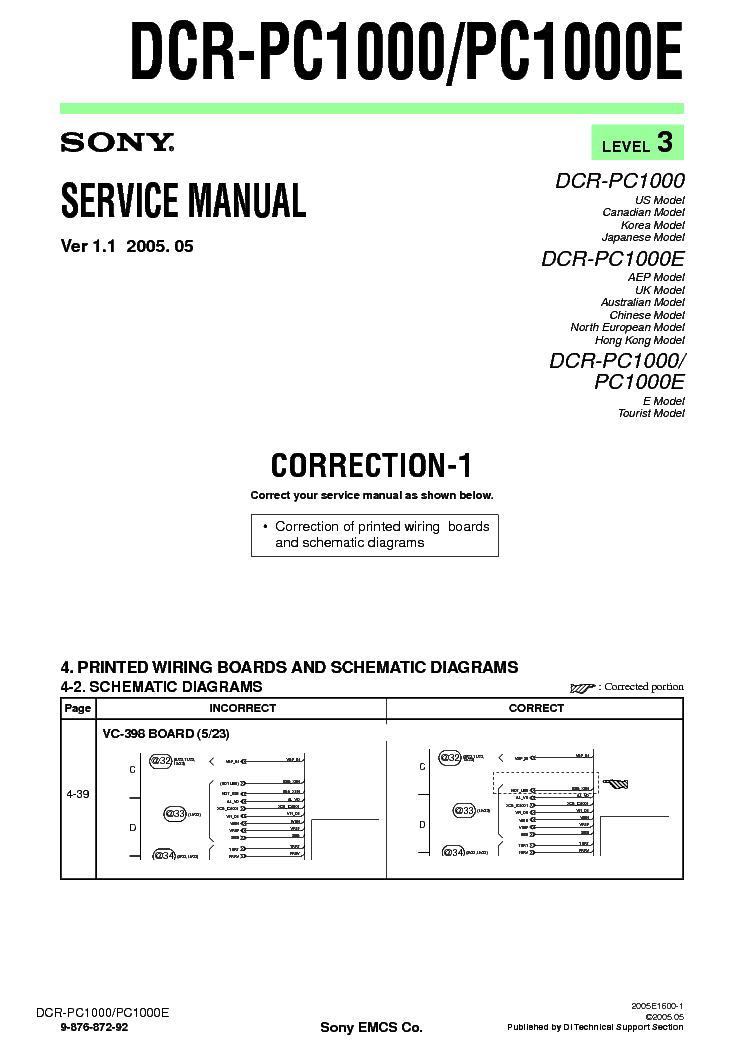 SONY DCR-PC1000 CORR LEVEL3 VER1.1 service manual