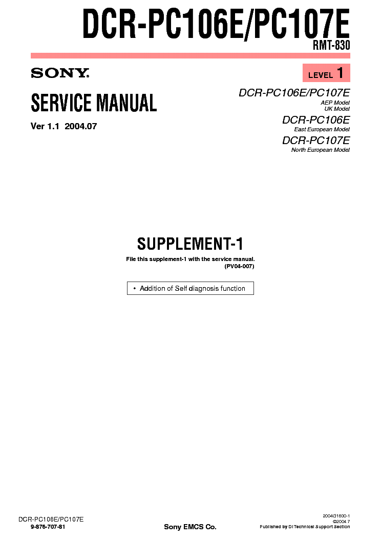 SONY DCR-PC106 PC107 SUPP LEVEL1 VER1.1 service manual