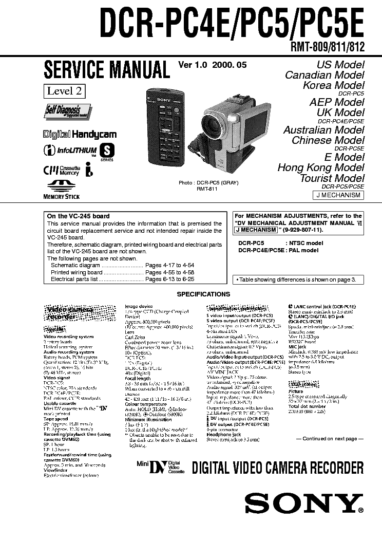 SONY DCR-PC4E PC5 PC5E LEV2 VER1.0 service manual (1st page)