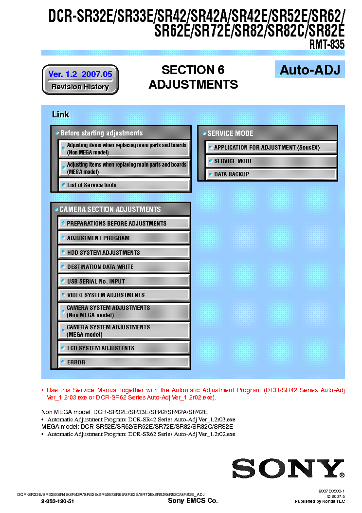 SONY DCR-SR32 SR33 SR42 SR52 SR62 SR72 SR82 ADJUSTMENT VER1.2 service manual