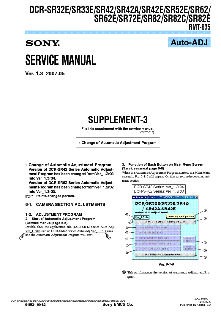SONY DCR-SR32 SR33 SR42 SR52 SR62 SR72 SR82 SUPP ADJUSTMENT VER1.3 service manual
