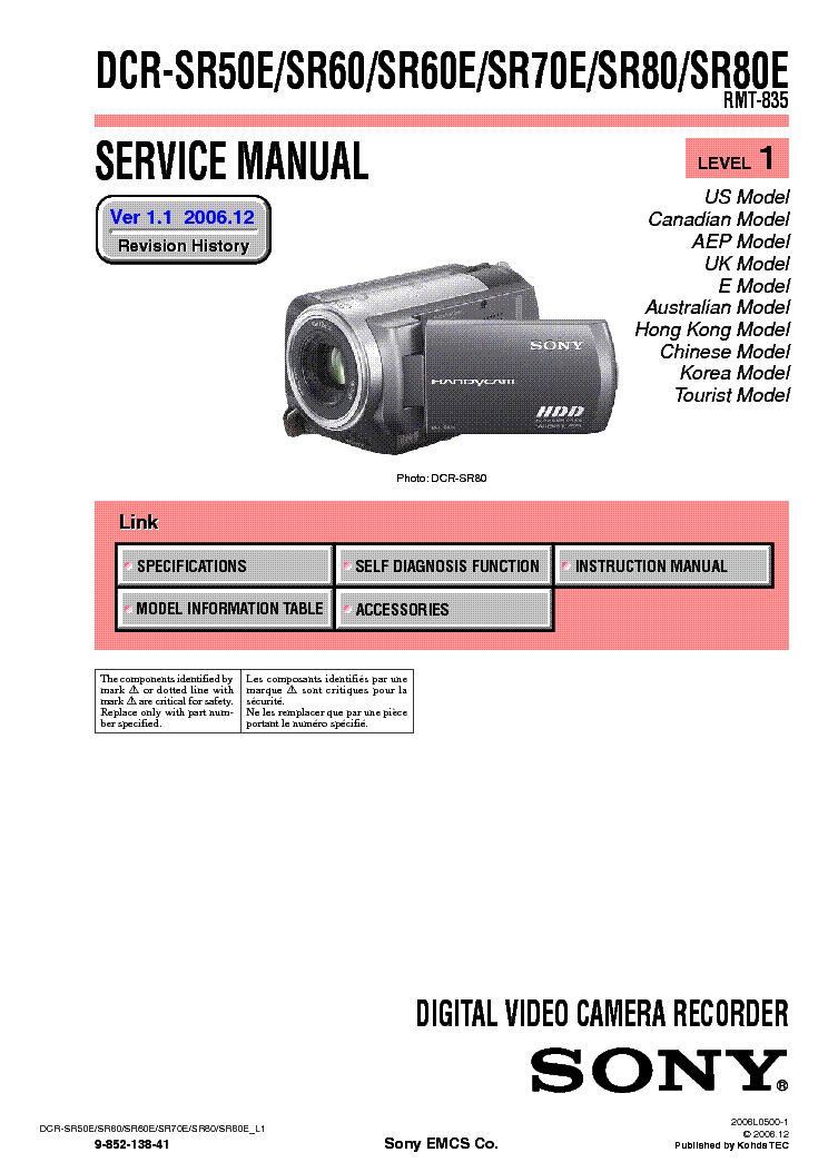 SONY DCR-SR50 SR60 SR70 SR80 LEVEL1 VER1.1 service manual