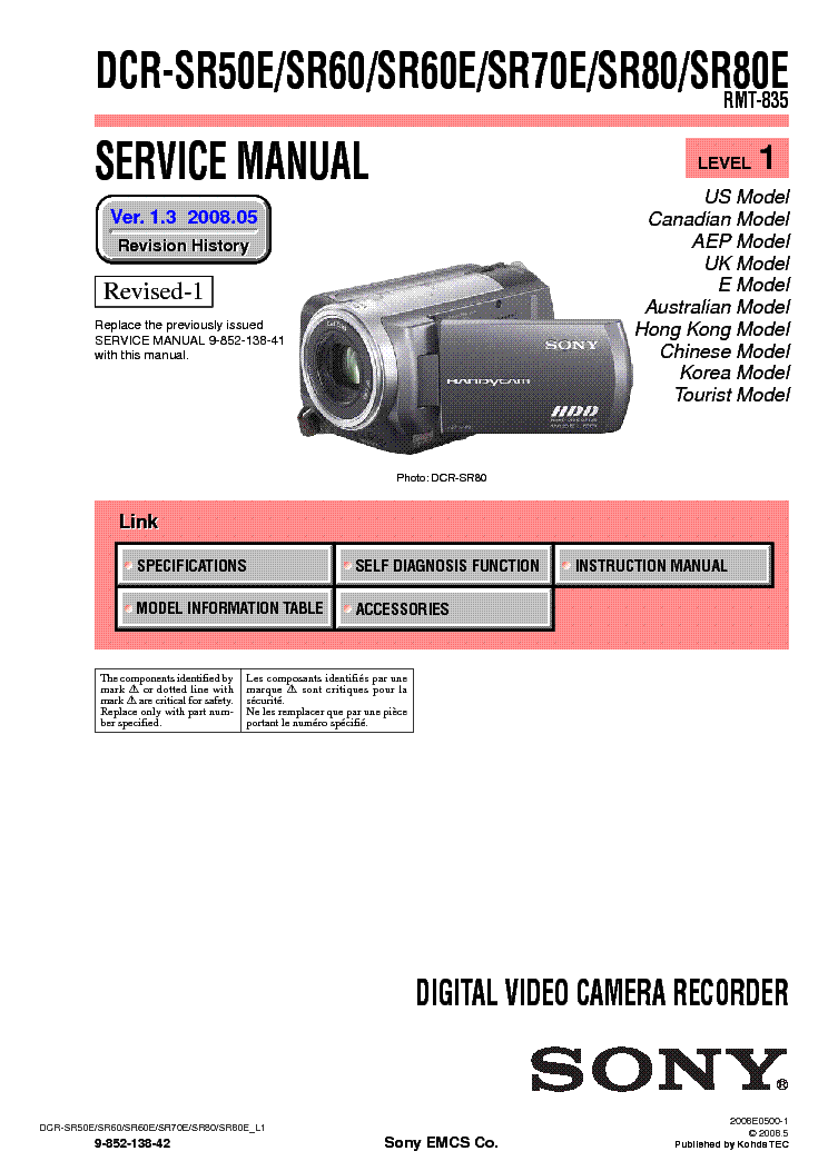 SONY DCR-SR50 SR60 SR70 SR80 LEVEL1 VER1.3 service manual