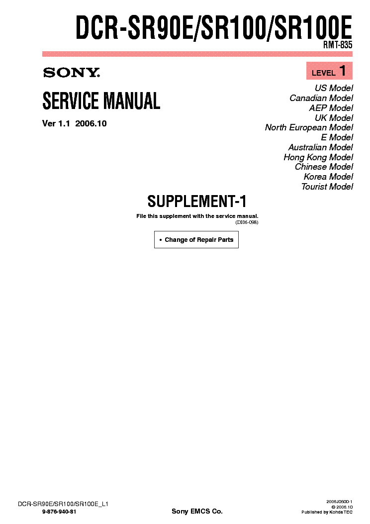 SONY DCR-SR90 SR100 SUPP LEVEL1 VER1.1 service manual