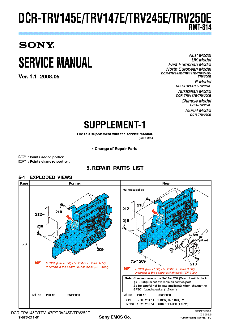 SONY DCR-TRV145 TRV147 TRV245 TRV250 SUPP VER1.1 service manual