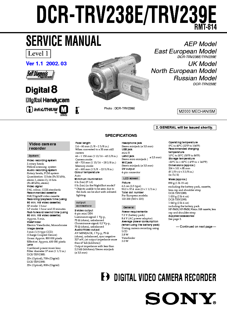 SONY DCR-TRV238 TRV239 LEVEL-1 VER-1.1 SM service manual