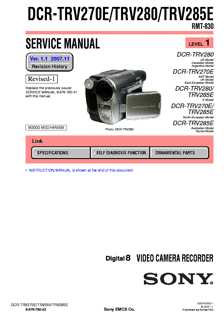 SONY DCR-TRV270 TRV280 TRV285 LEVEL-1 VER-1.1 SM service manual