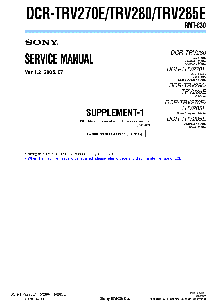 SONY DCR-TRV270 TRV280 TRV285 SUPP VER-1.2 service manual