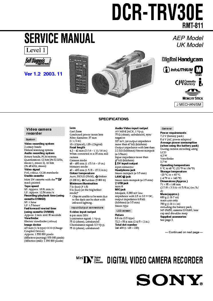SONY DCR-TRV30 LEVEL-1 VER-1.2 SM service manual