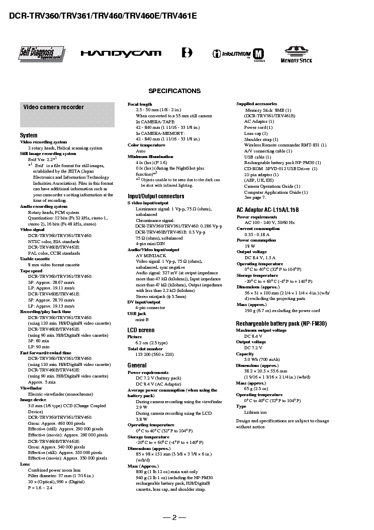 SONY DCR-TRV360 TRV361 TRV460 TRV461 LEVEL-1 VER-1.0 SM service manual (2nd page)
