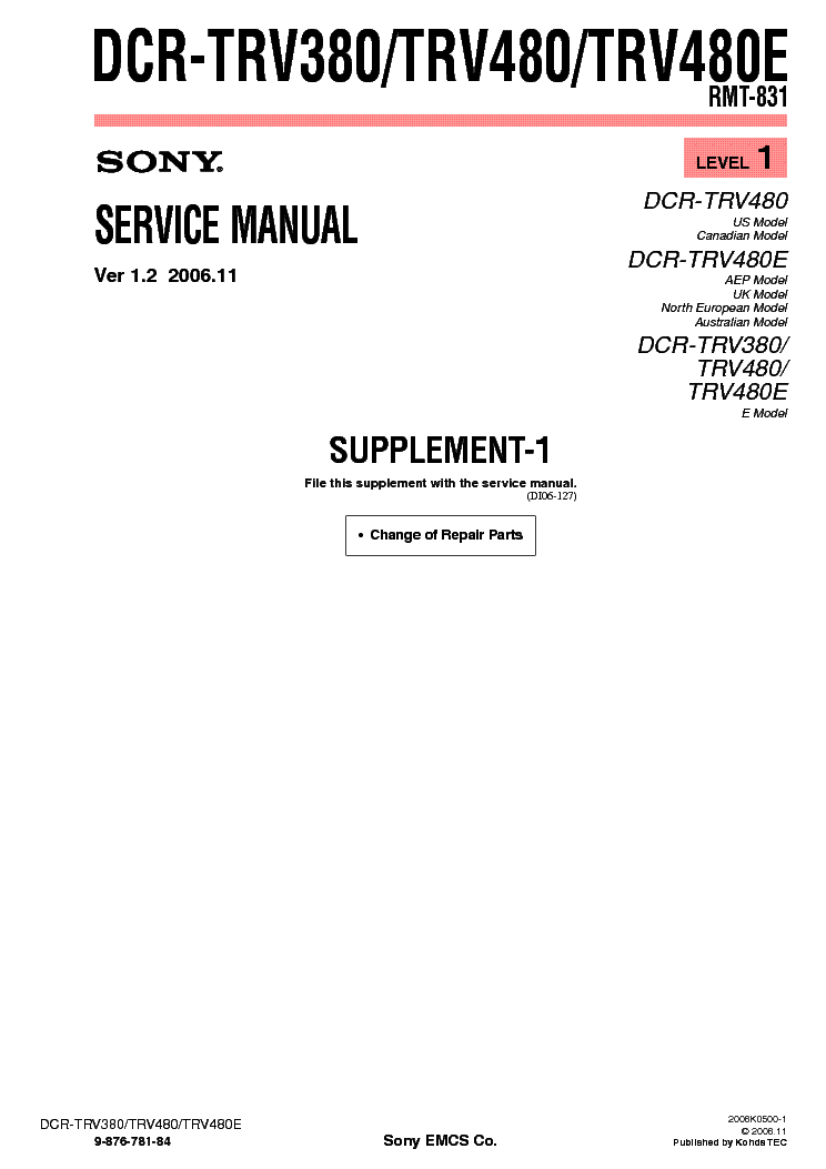 SONY DCR-TRV380 TRV480 SUPP LEVEL1 VER-1.2 service manual