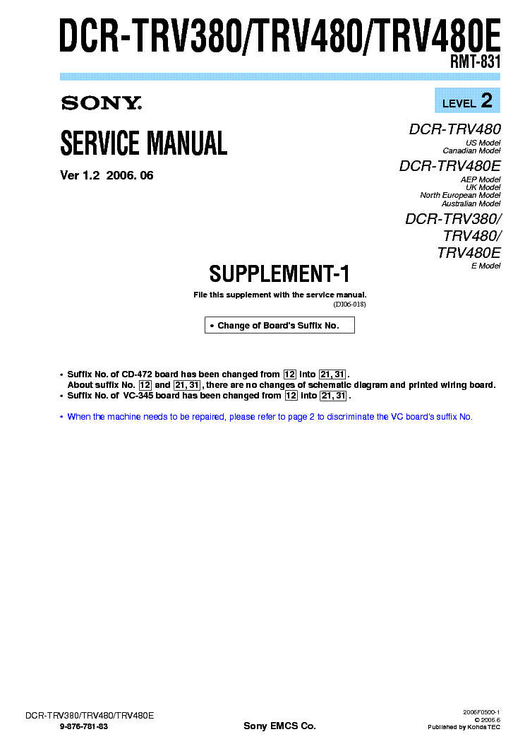 SONY DCR-TRV380 TRV480 SUPP LEVEL2 VER-1.2 service manual