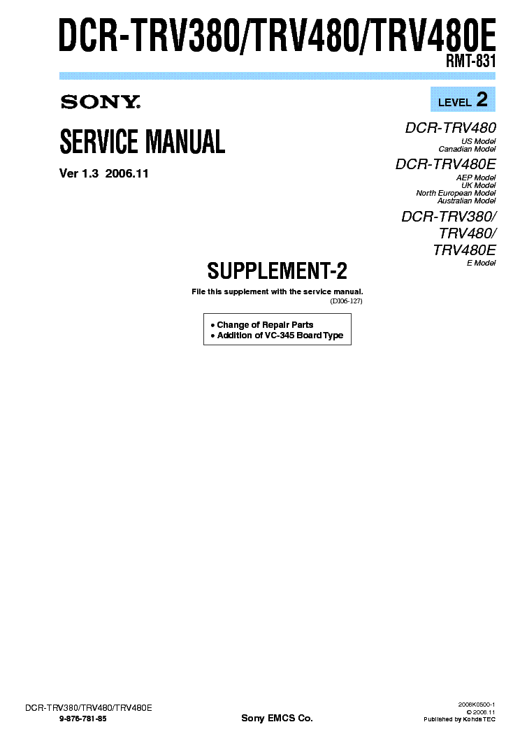 SONY DCR-TRV380 TRV480 SUPP LEVEL2 VER-1.3 service manual