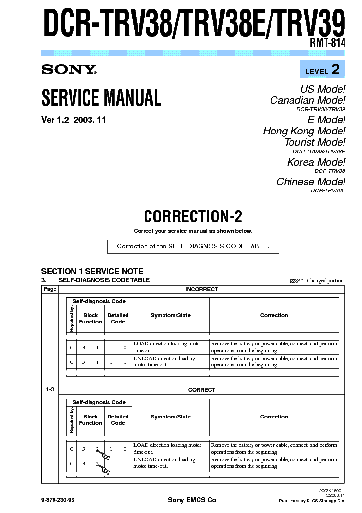 SONY DCR-TRV38 TRV39 CORR LEVEL-2 VER-1.2 service manual (1st page)