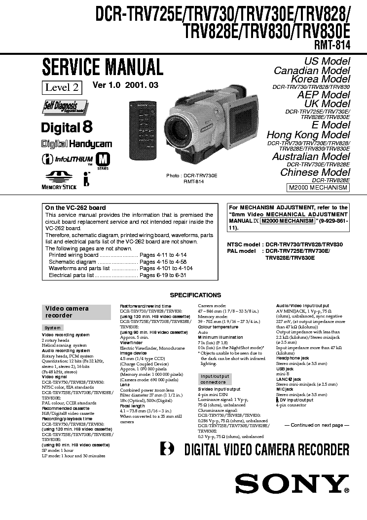 SONY DCR-TRV725 TRV730 TRV828 TRV830 LEVEL2 SM service manual (1st page)