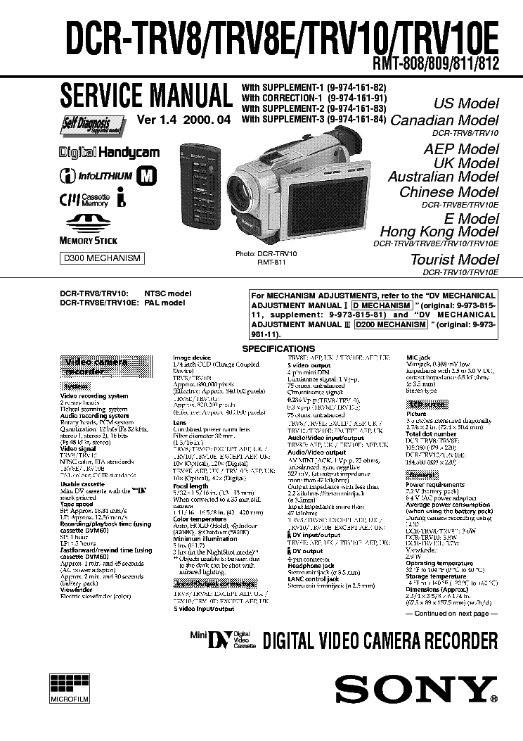 SONY DCR-TRV8 E,TRV10 E Service Manual download, schematics