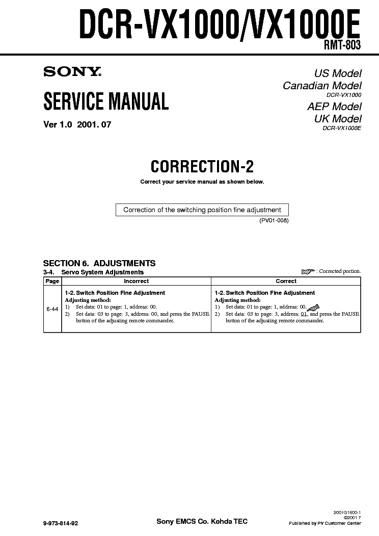 SONY DCR-VX1000 CORR Service Manual download, schematics, eeprom