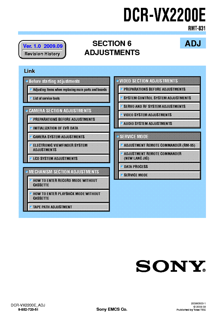 SONY DCR-VX2200 ADJUSTMENT VER1.0 service manual