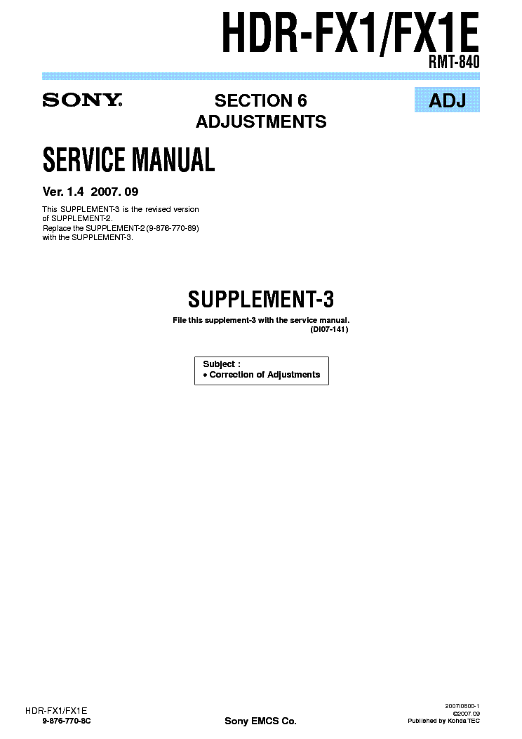 SONY HDR-FX1 SUPP ADJUSTMENT VER1.4 Service Manual download, schematics