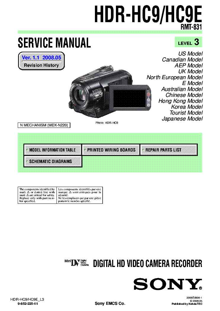 SONY HDR-HC9 HDR-HC9E VER.1.1 LEVEL3 Service Manual download