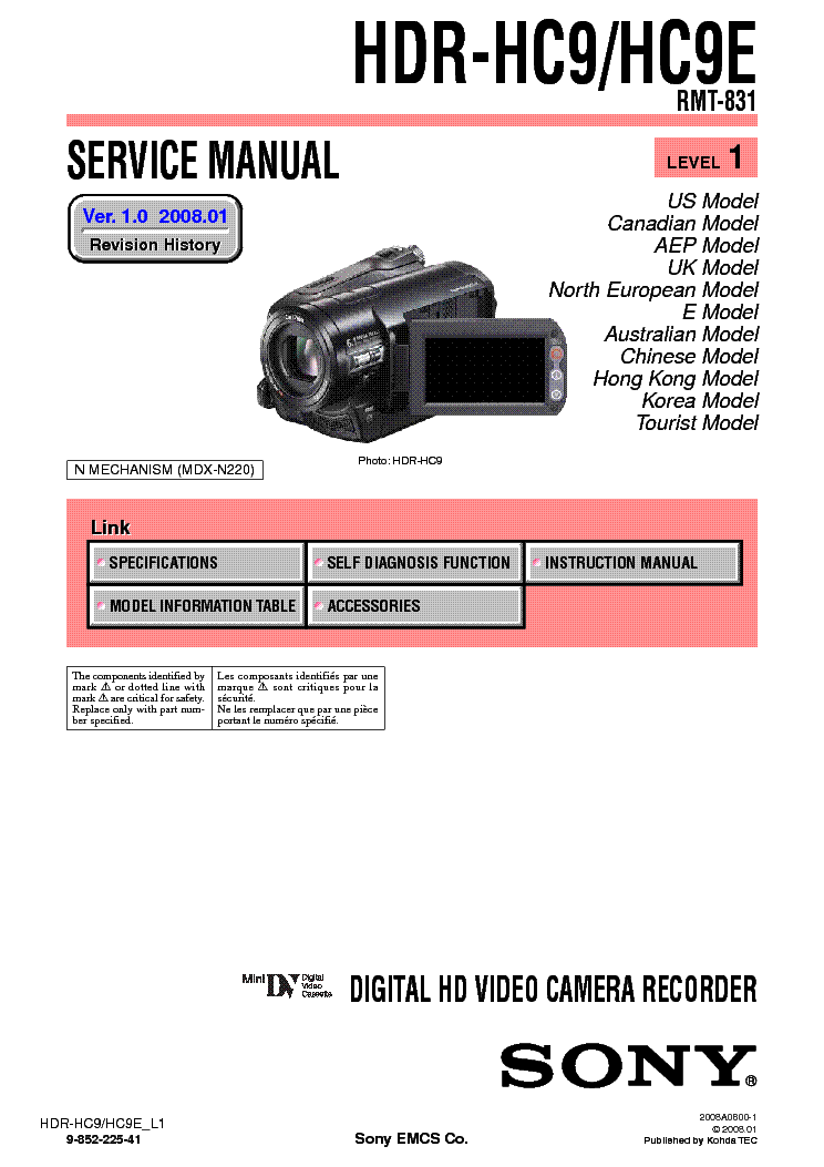 SONY HDR-HC9 LEVEL1 VER1.0 Service Manual download, schematics