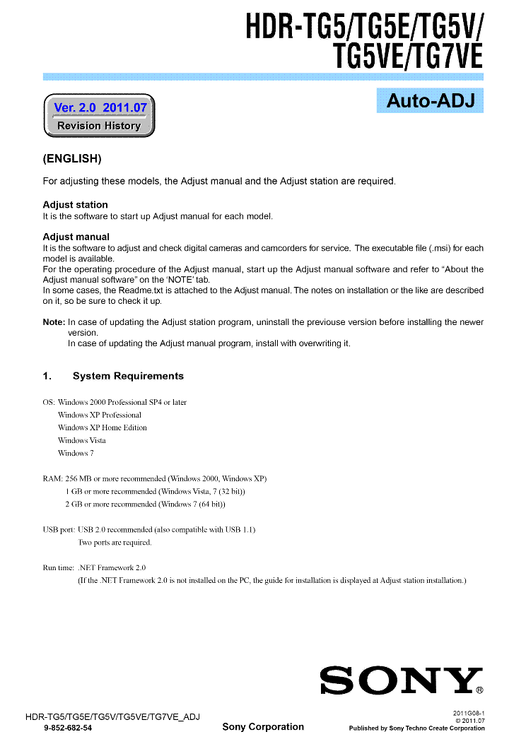 SONY HDR-TG5 HDR-TG5E HDR-TG5V HDR-TG5VE HDR-TG7VE VER.2.0 AUTO-ADJ service manual
