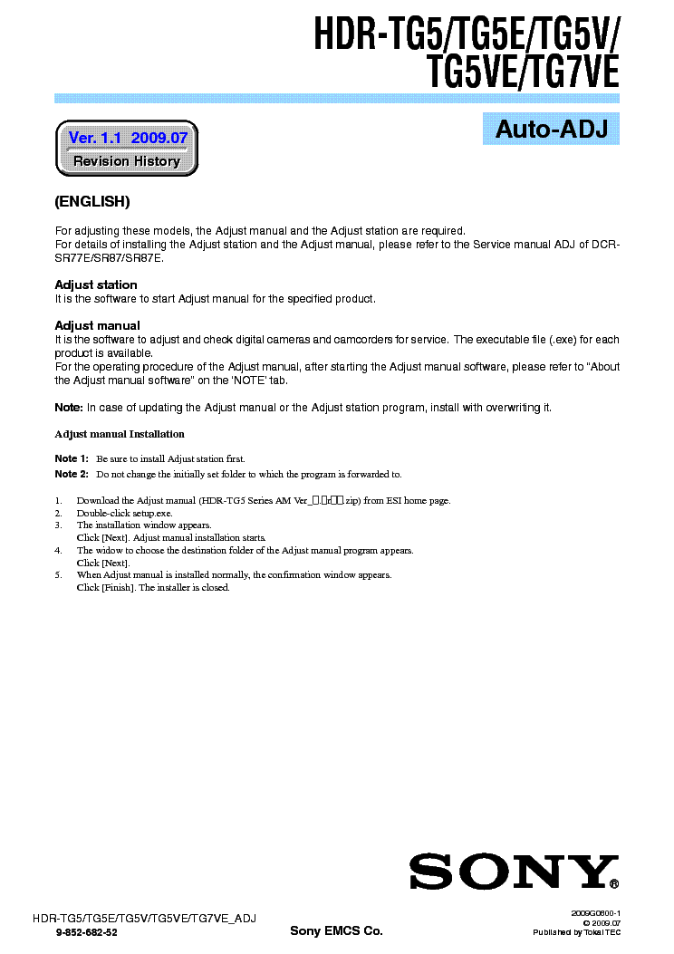 SONY HDR-TG5 TG7 ADJUSTMENT VER1.1 service manual